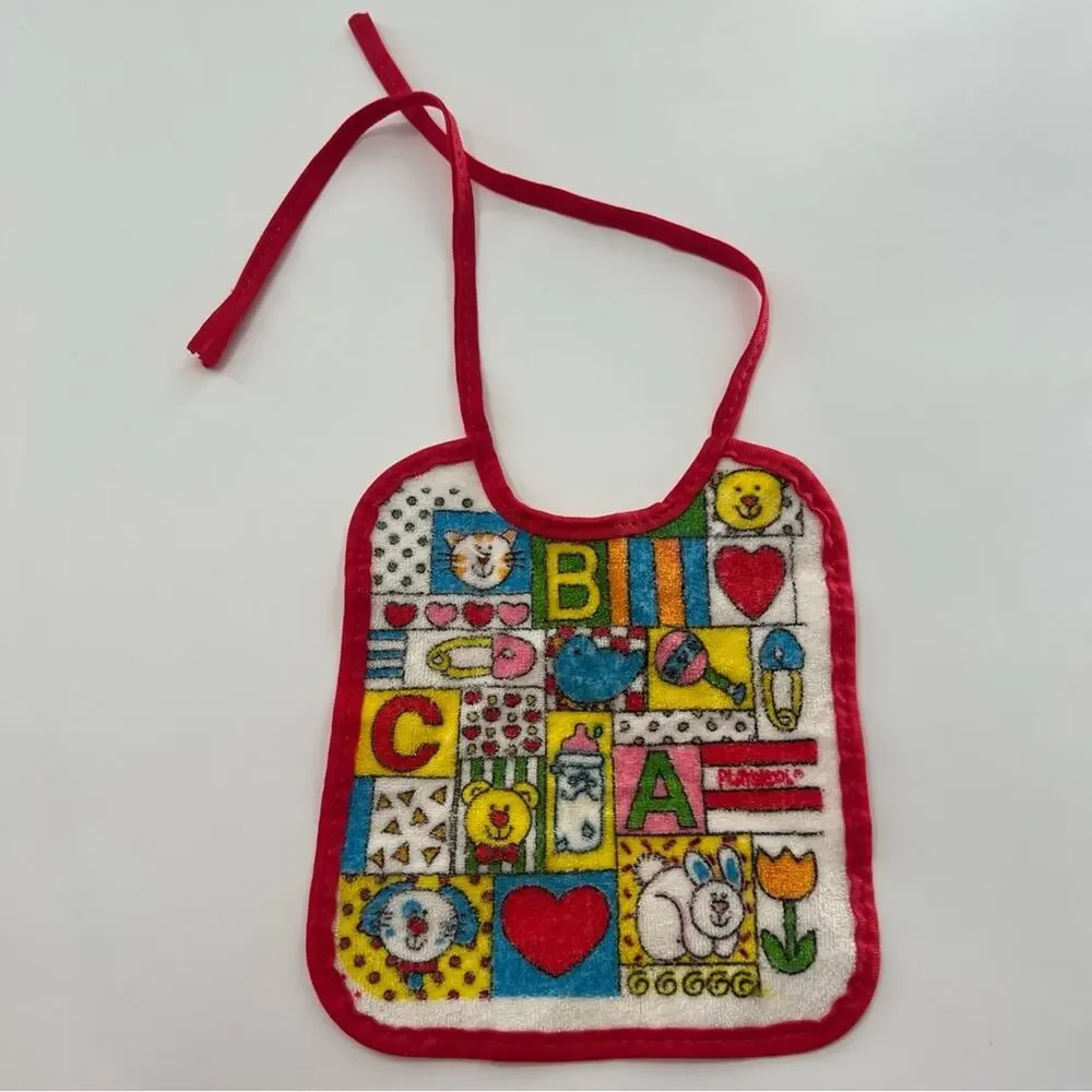 Vintage Baby Bib Red White ABC Animals Terrycloth Plastic